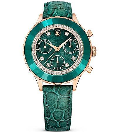 Swarovski Womens Octea Crystal Chronograph Green Leather Croco Strap Watch Product Image