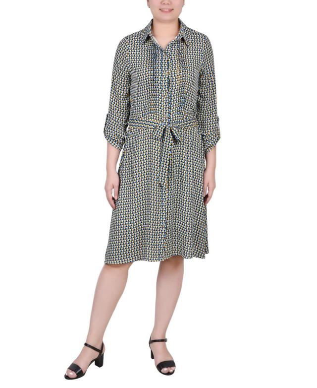 Ny Collection Petite Geometric Printed Roll Tab Sleeve Dobby Shirt Dress Product Image