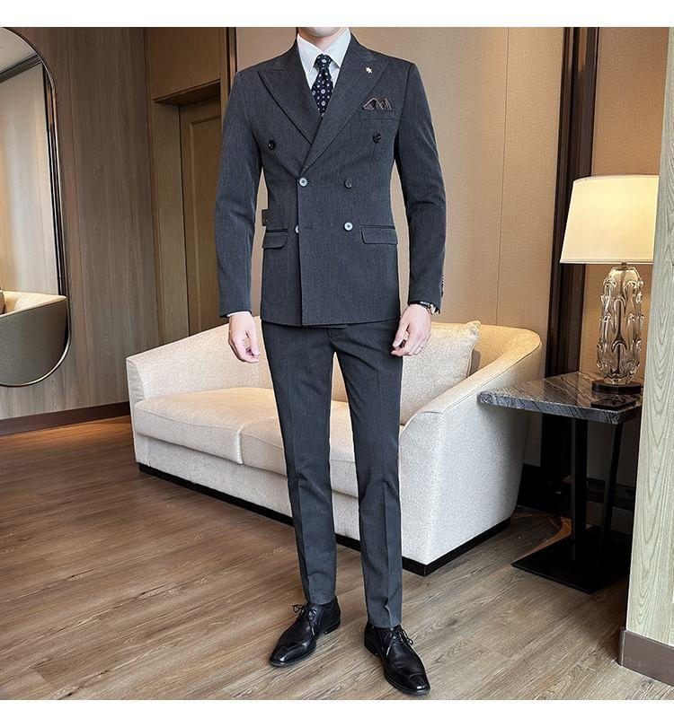 Set: Plain Double-Breasted Blazer + Dress Pants Product Image