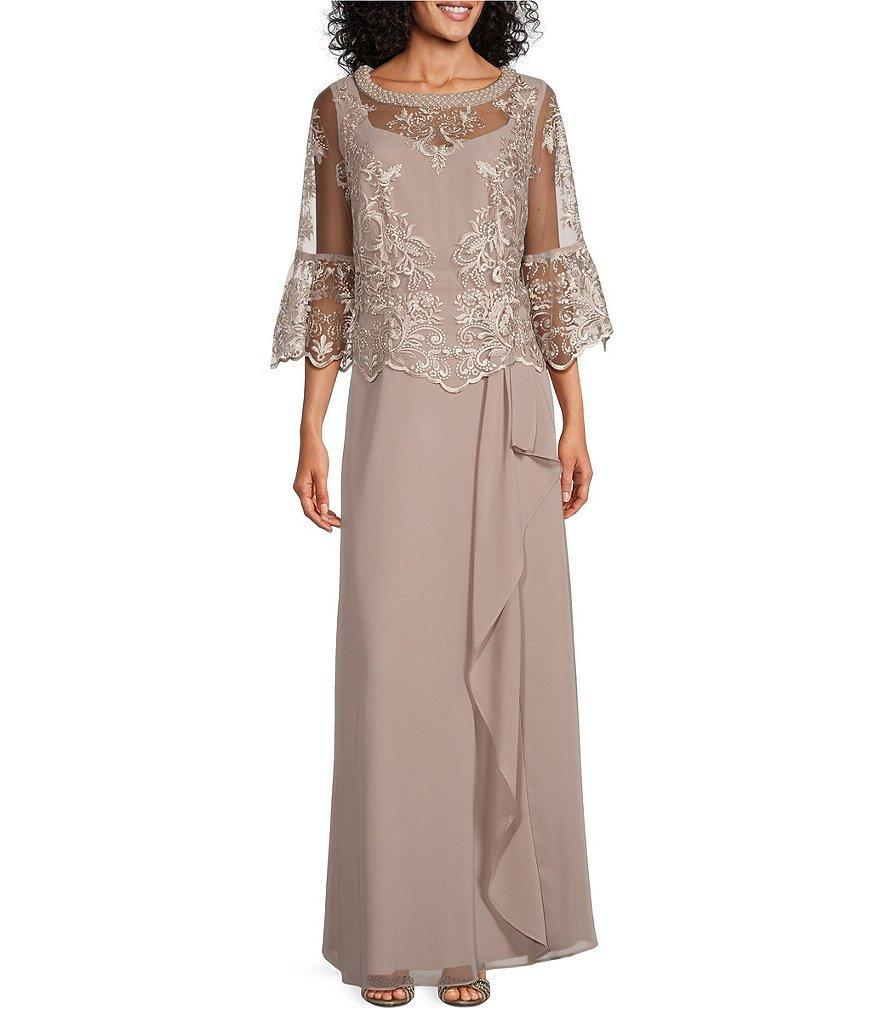 Le Bos 3/4 Bell Sleeve Beaded Trim Round Neck Embroidered Lace Popover Cascade A-Line Gown Product Image