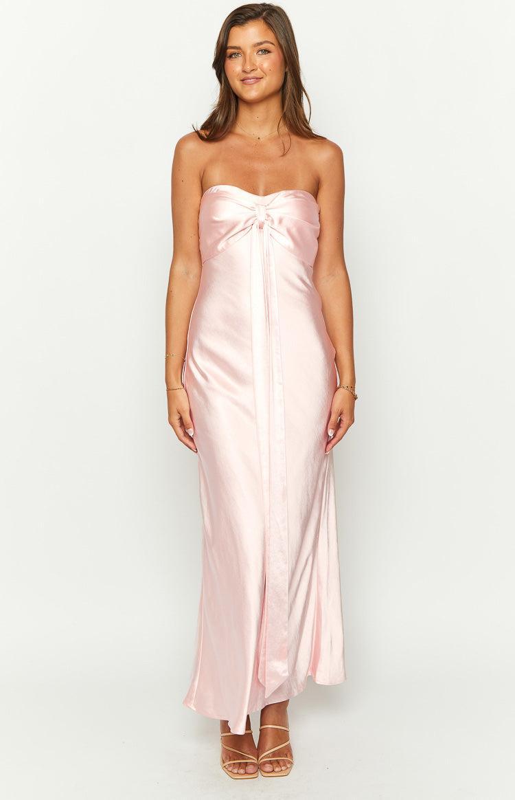 Ariella Pink Satin Strapless Maxi Dress Product Image