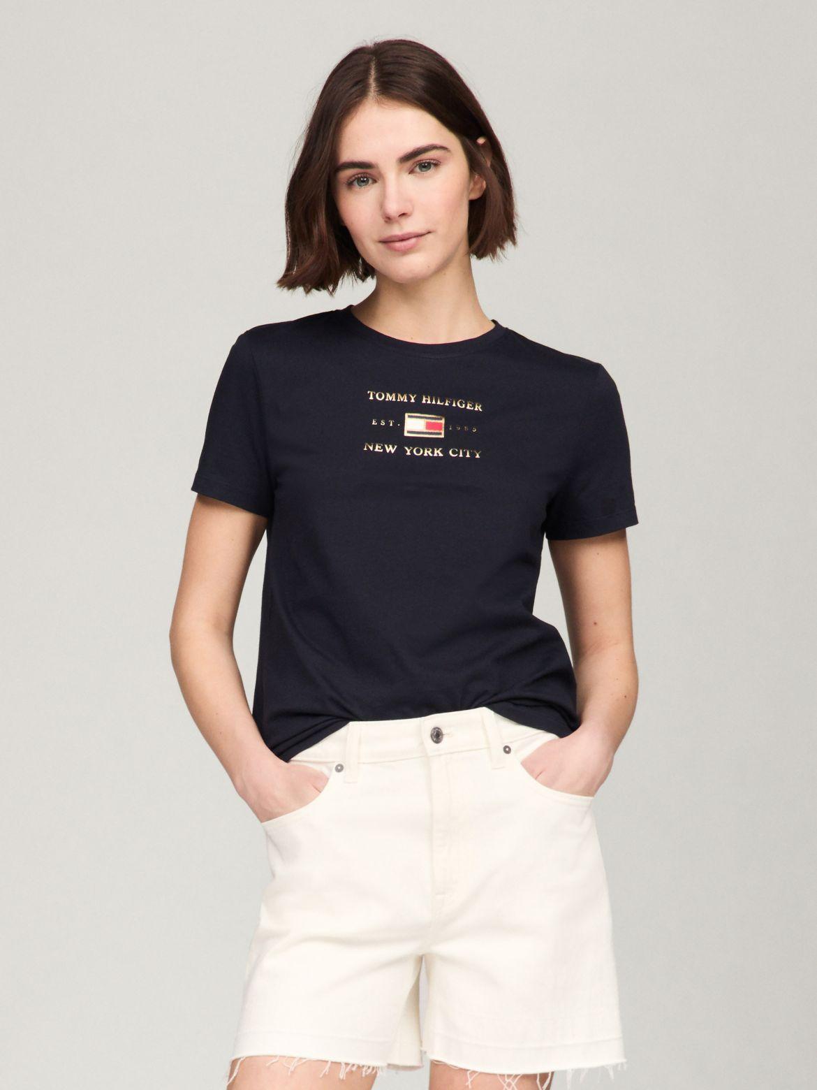 Tommy Hilfiger Women's Metallic Hilfiger Logo T-Shirt Product Image