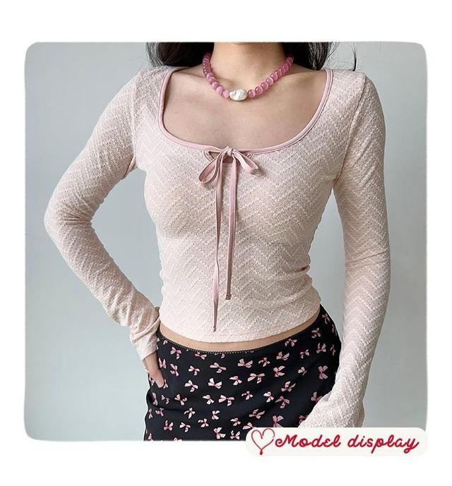 Long-Sleeve Square Neck Lace Crop Top Product Image