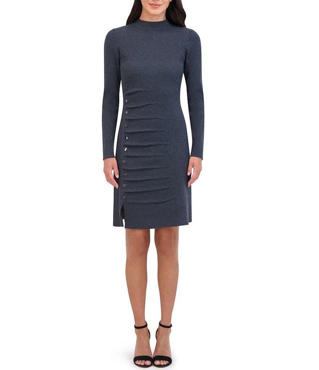 Vince Camuto Ribbed Sweater Knit Mock Neck Long Sleeve Ruched Stud Slit Hem Mini Bodycon Dress Product Image