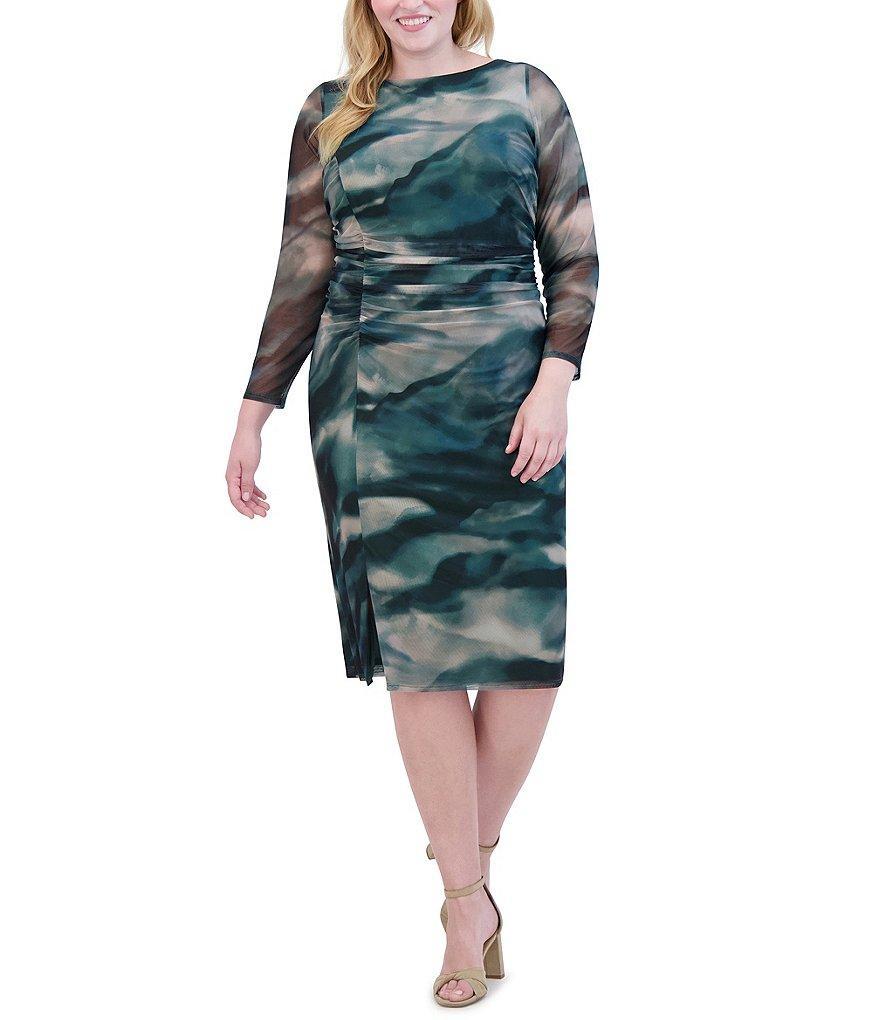 Vince Camuto Plus Size Mesh Abstract Swirl Boat Neck Long Sleeve Ruch Bodycon Midi Dress Product Image