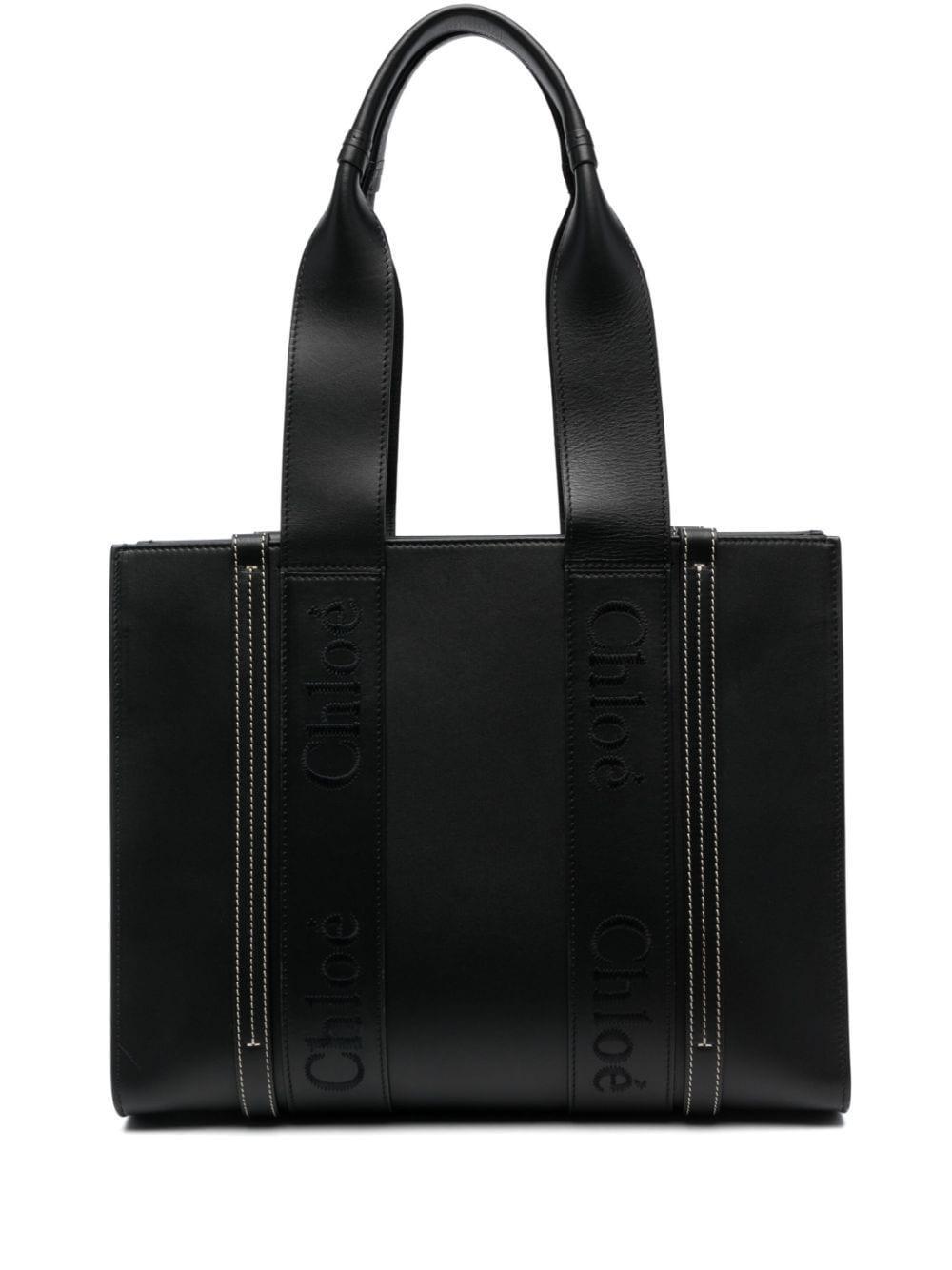 Medium Woody Leather Tote Bag In Black Product Image