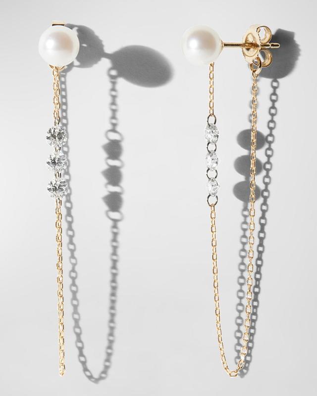 14K Yellow Gold Akoya Pearl Post with Diamonds on Chain Earrings Product Image