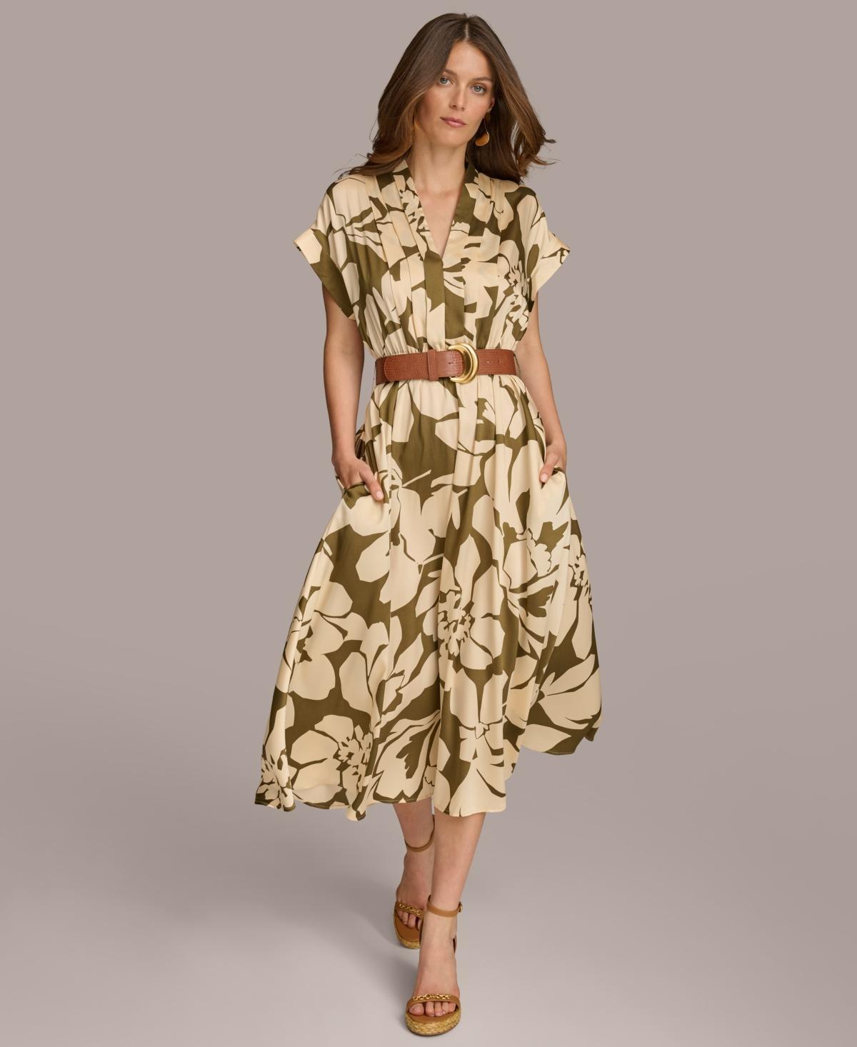 Donna Karan Womens V-Neck Cap-Sleeve Belted Midi Dress Product Image