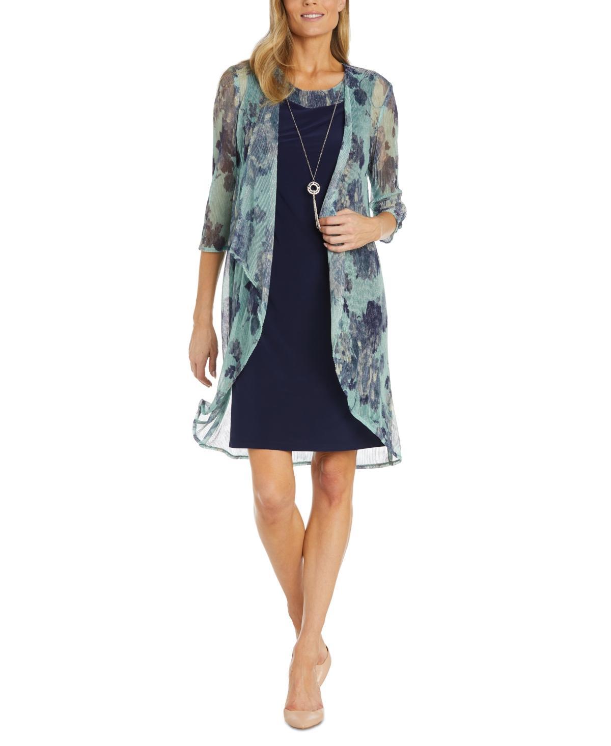 R & M Richards Womens 2-Pc. Printed Jacket & Dress Set - Navy Product Image