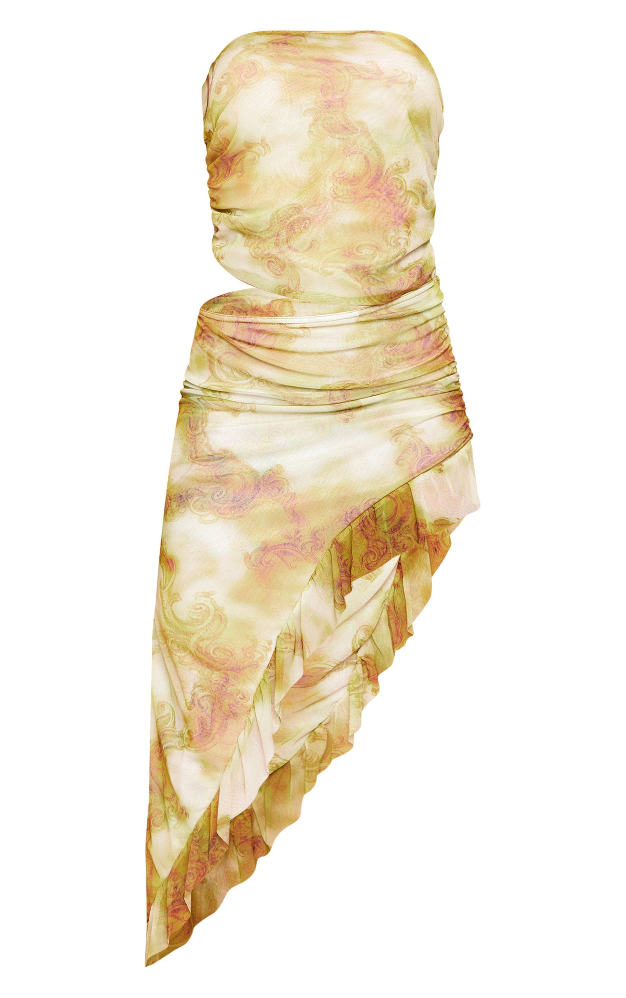 Olive Printed Mesh Cut Out Frill Hem Midi Dress Product Image