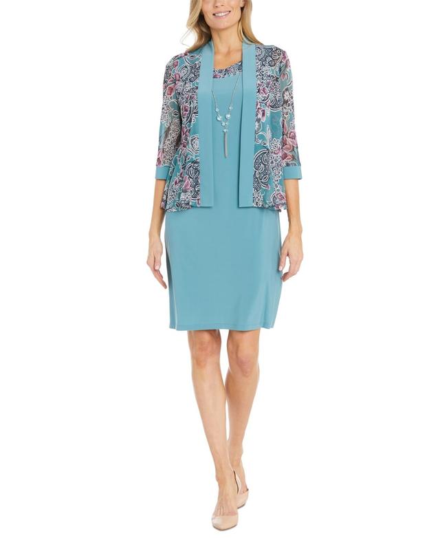 Petite Sleeveless Sheath Dress, Printed Jacket & Necklace Set Product Image