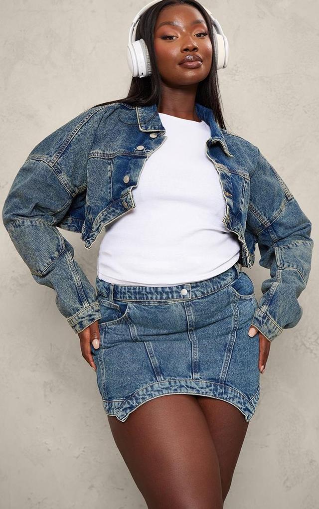 Plus Vintage Wash Washed Curved Hem Denim Mini Skirt Product Image