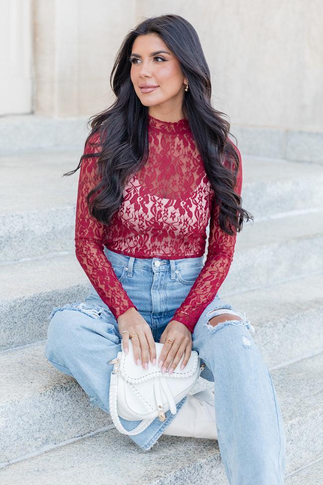 Just What I Needed Burgundy Lace Turtleneck Layering Top FINAL SALE Product Image