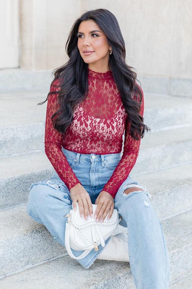 Just What I Needed Burgundy Lace Turtleneck Layering Top FINAL SALE Product Image