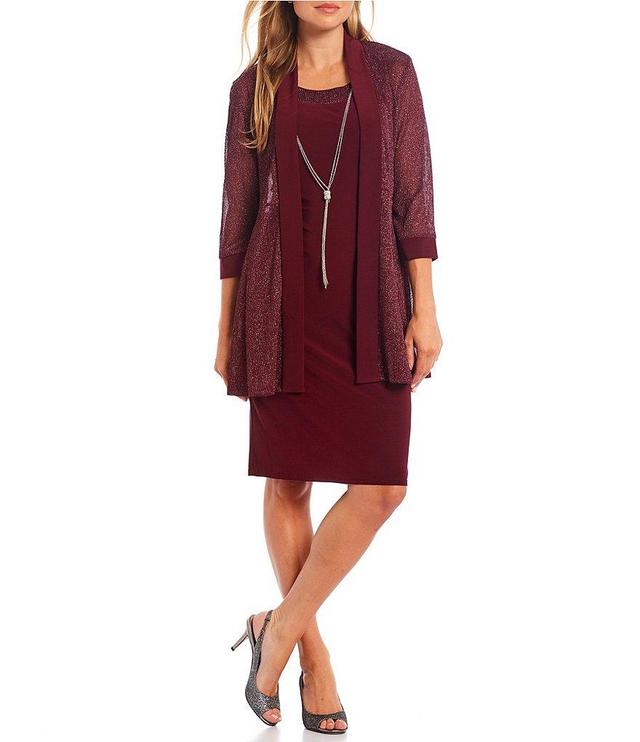 R & M Richards Metallic Knit Scoop Neck 3/4 Sleeve 2-Piece Jacket Dress Product Image