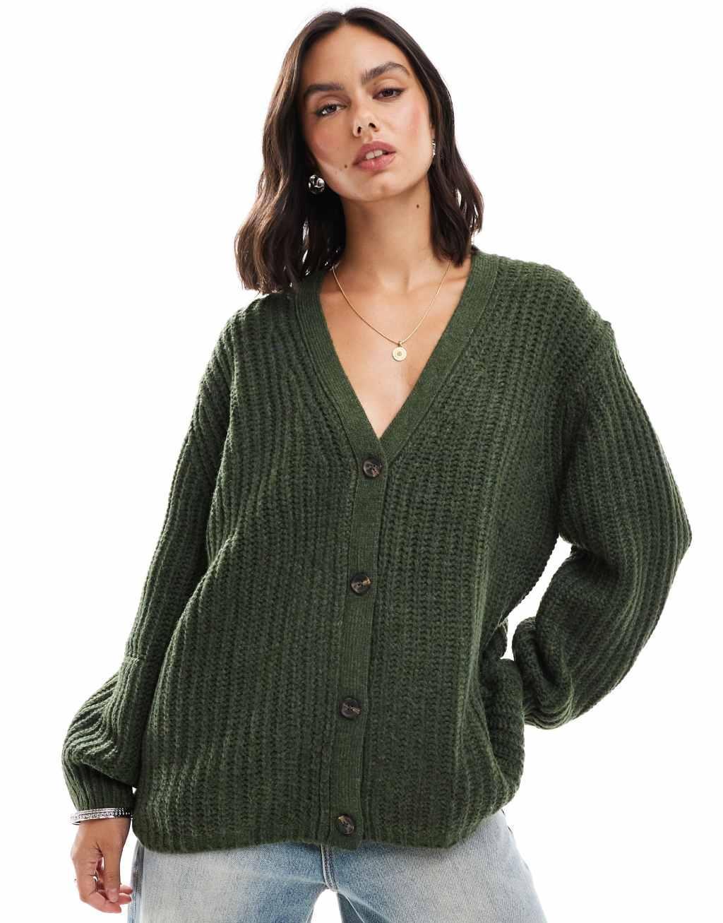 ASOS DESIGN fluffy rib cardigan with v neck in khaki product image