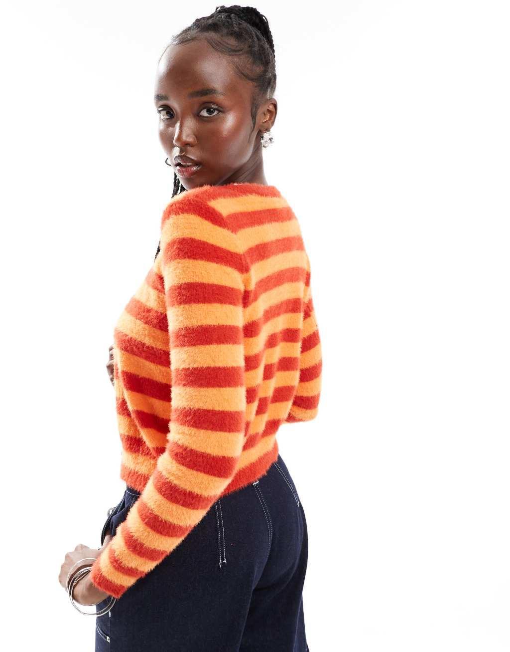 Daisy Street fluffy knit micro cardigan in brick orange stripe Product Image