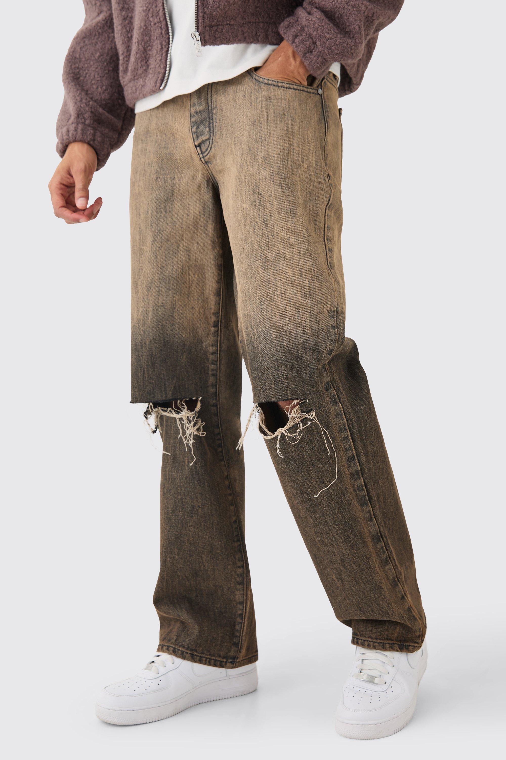 Baggy Rigid Ripped Knee Jeans In Brown | boohooMAN USA Product Image