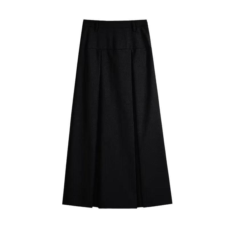 High Waist Plain Pleated Midi A-Line Skirt Product Image