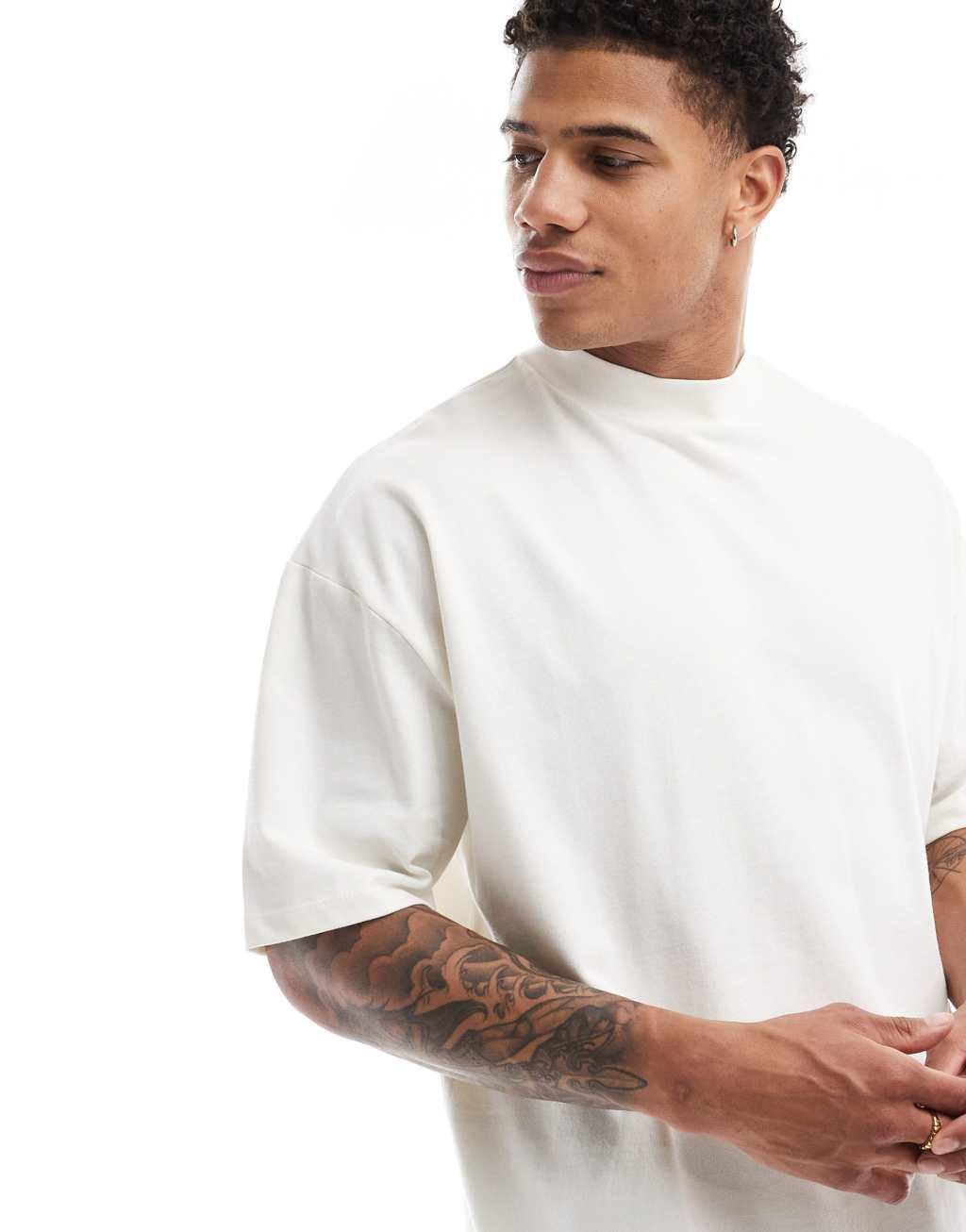 ASOS DESIGN essential heavyweight oversized high neck T-shirt 240gsm in cream Product Image