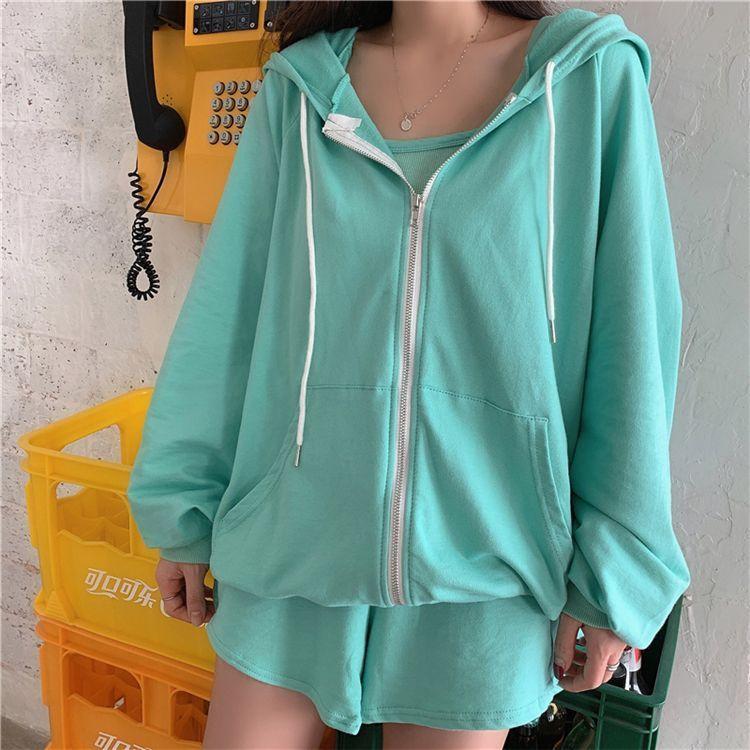 Set: Cropped Camisole Top + Drawstring Shorts + Zip-Up Hoodie Product Image