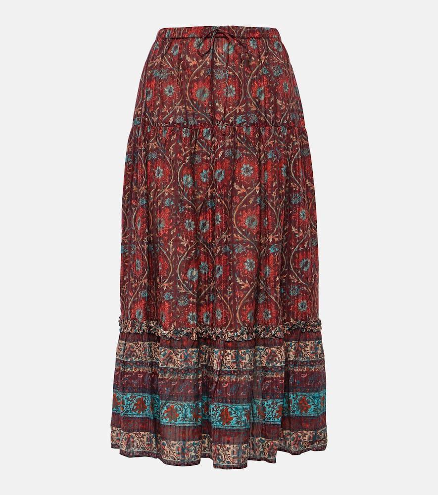 ULLA JOHNSON Paige Woven Tiered Midi Skirt With Pockets In Pomegranate Product Image