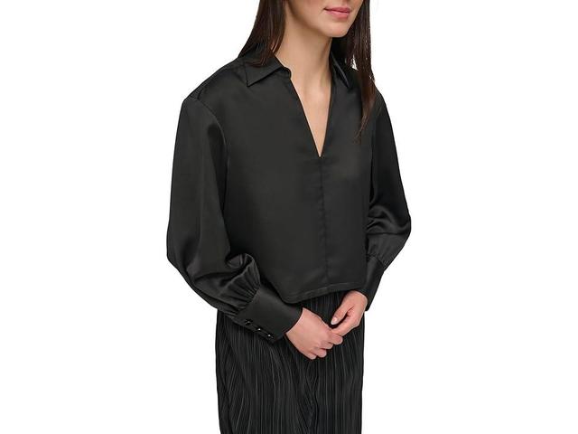 DKNY Long Sleeve Collard V-Neck Satin Blouse Women's Clothing Product Image