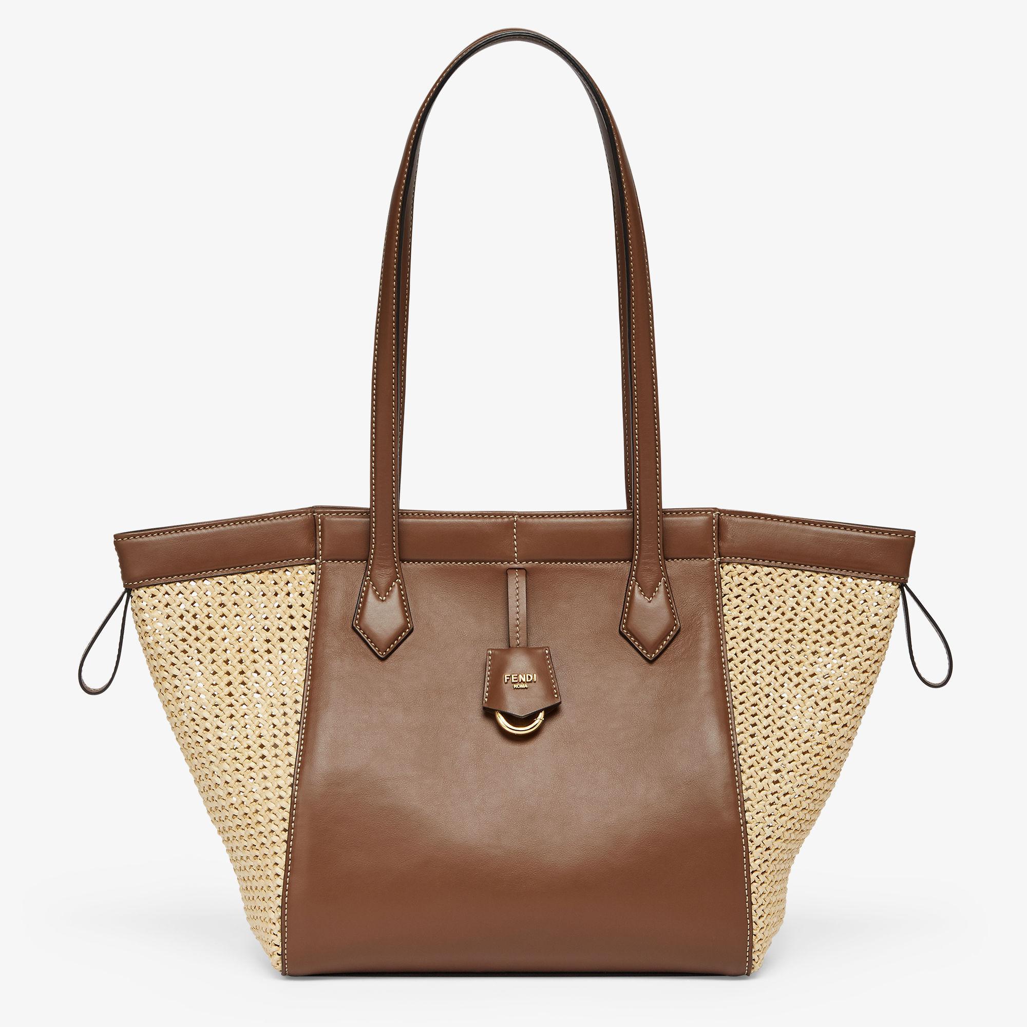 Fendi Origami MediumTransformable bag in brown leather and macramé raffia Product Image