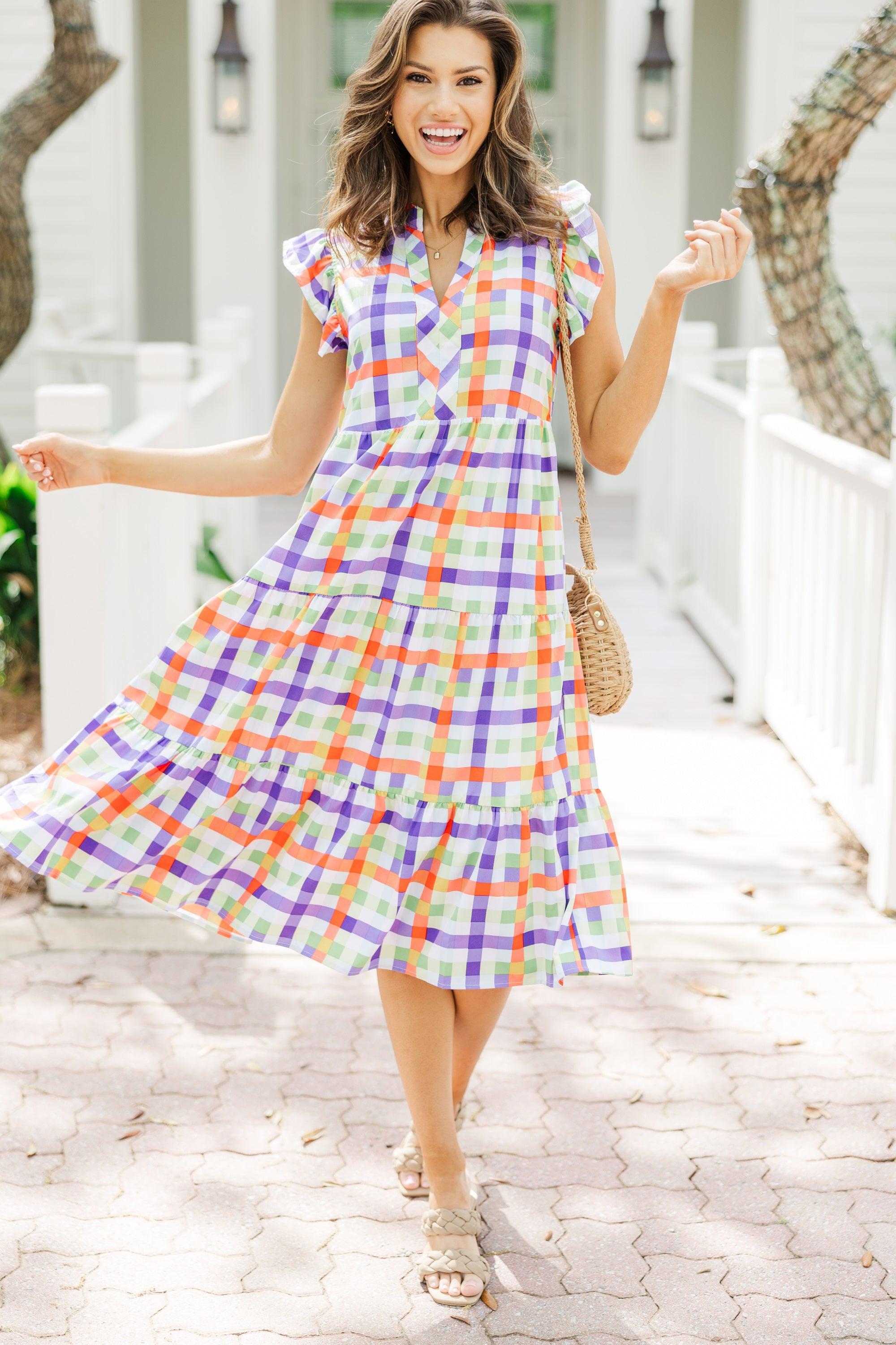 Just A Dream Orange Gingham Midi Dress Female Product Image