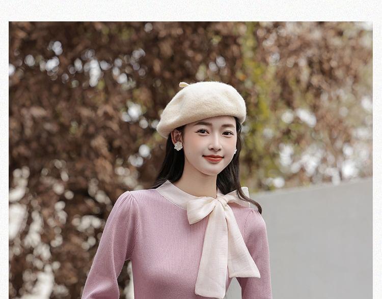 Set: Ribbon Neck Plain Sweater + High Waist Plaid Maxi A-Line Skirt Product Image