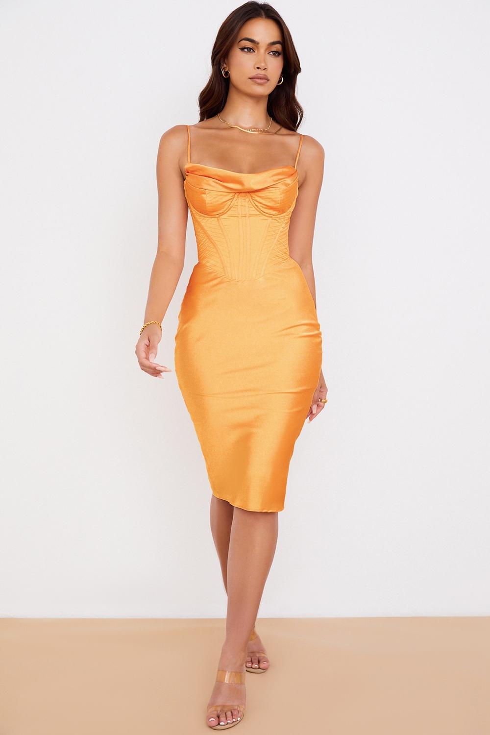 Myrna Tangerine Satin Corset Midi Dress Product Image