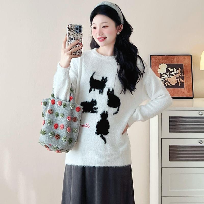 Maternity Round Neck Cat Print Sweater Product Image