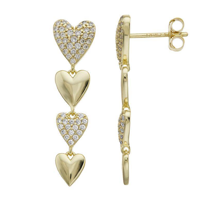 14k Gold Over Silver & Cubic Zirconia Double Stampato Heart Dangle Earrings, Womens, Gold Tone Product Image