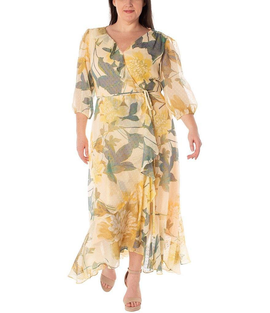 Maison Tara Plus Size 3/4 Sleeve V-Neck Floral Chiffon Faux Wrap Maxi Dress Product Image