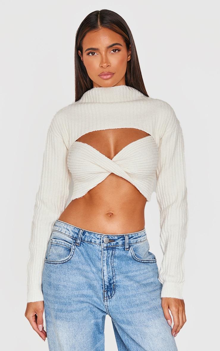 Cream Ribbed Twist Front Cut Out Sweater Product Image