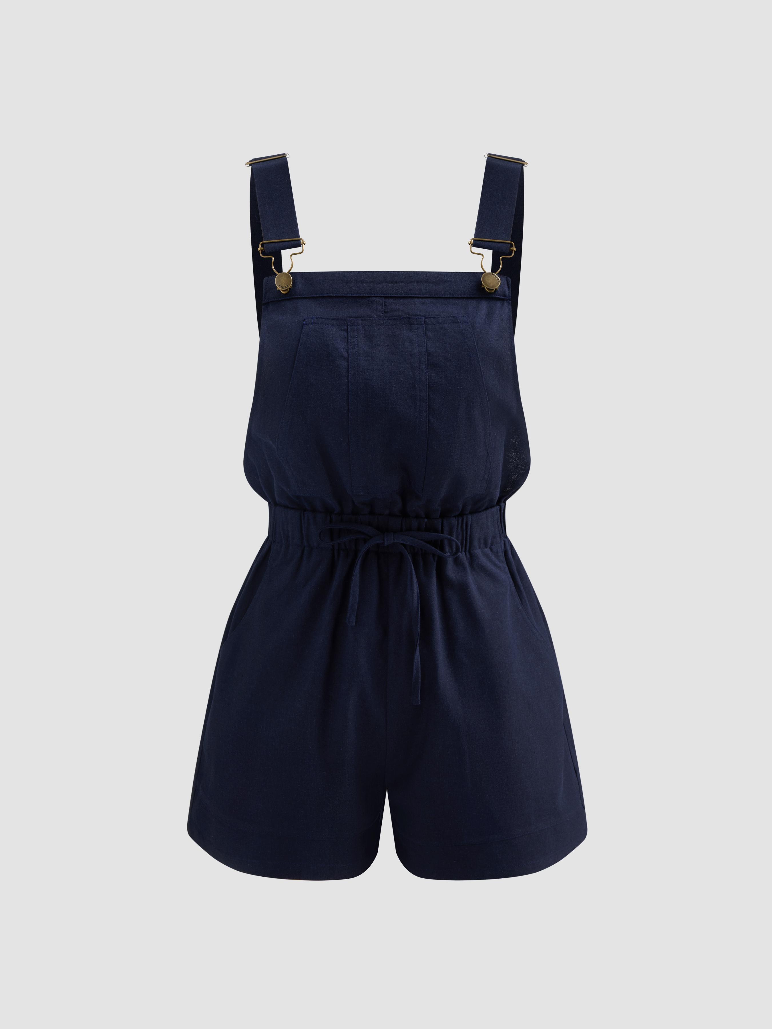 Linen-blend Square Neck Solid Buckle Up Pocket Romper Product Image