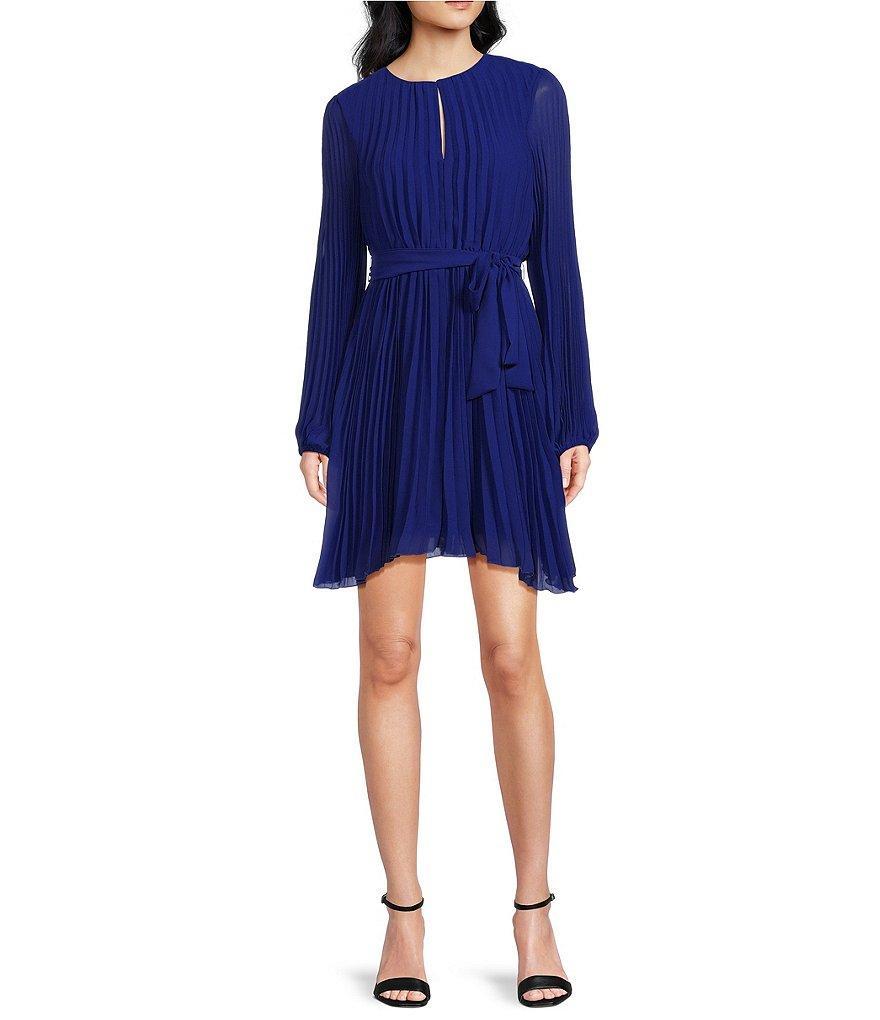 Sam Edelman Pleated Plisse Round Keyhole Neck Long Balloon Sleeve Tie Waist A-Line Mini Dress Product Image