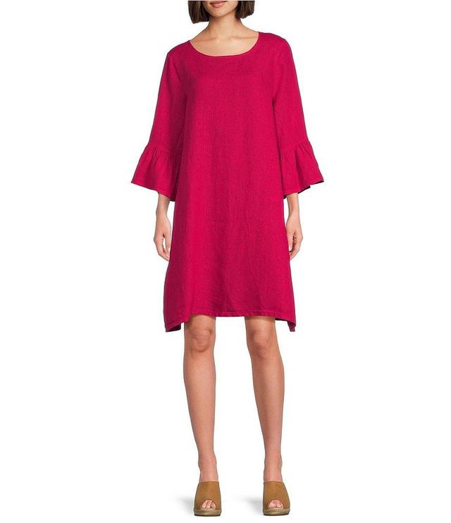 Bryn Walker Phryne Light Linen Round Neck 3/4 Ruffled Bell Sleeve Waistless Shift Dress Product Image