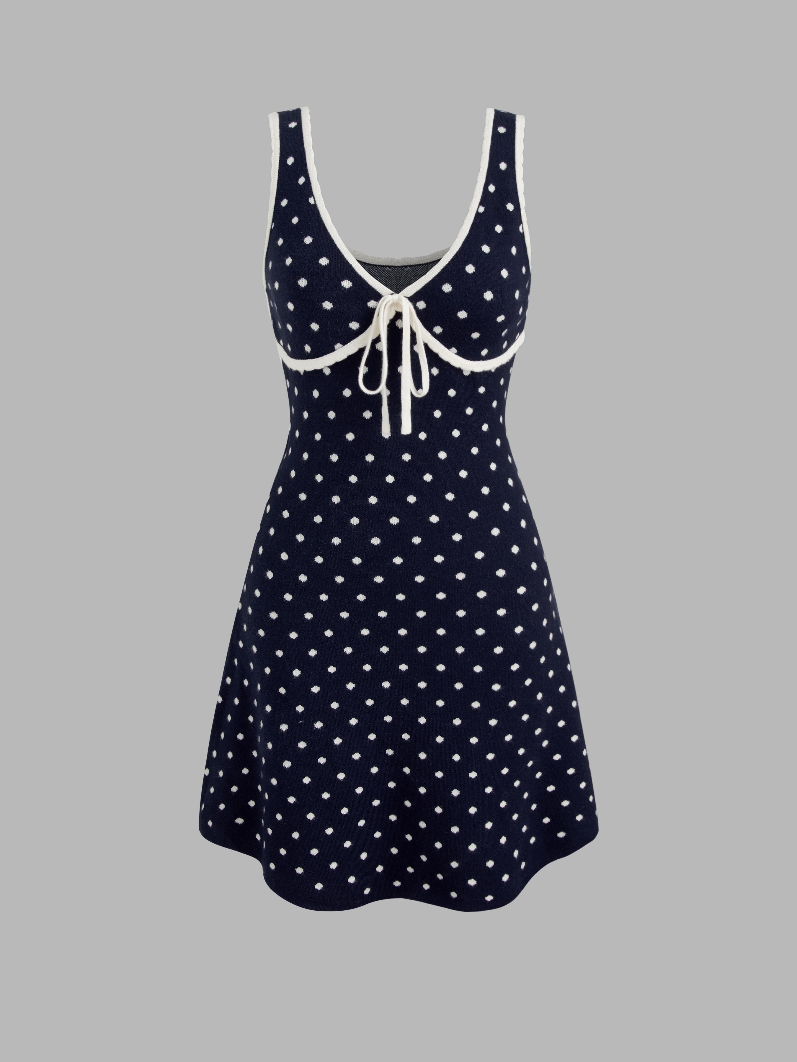 Knitted V-neck Polka Dot Contrasting Binding Knotted Mini Dress Product Image