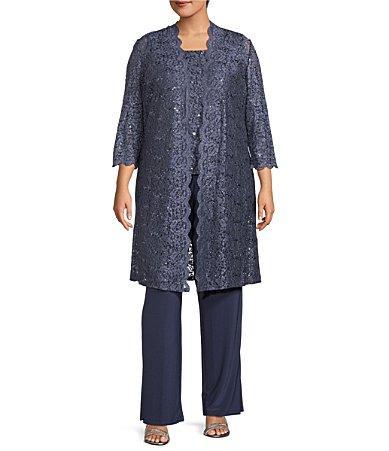 R  M Richards Plus Size Scoop Neck 34 Sleeve Scallop Glitter Lace Duster 3 Product Image