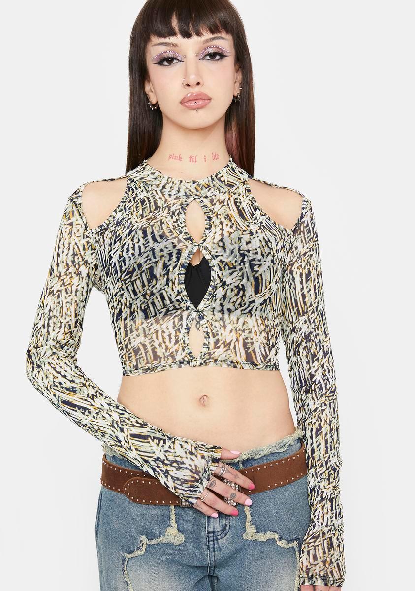 Printed Mesh Cut Out Long Sleeve Crop Top - Multi product image