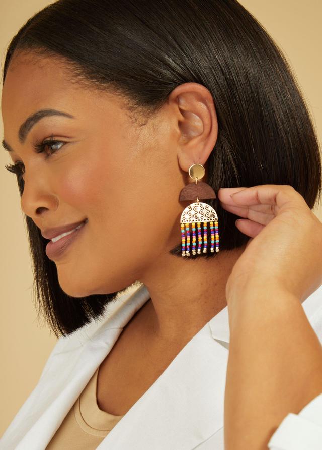 Beaded Wood And Metal Earrings Product Image