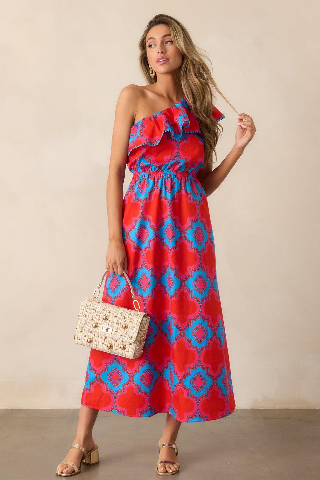 Packing My Bags Cotton Red Multi Print One Shoulder Midi Dress Product Image