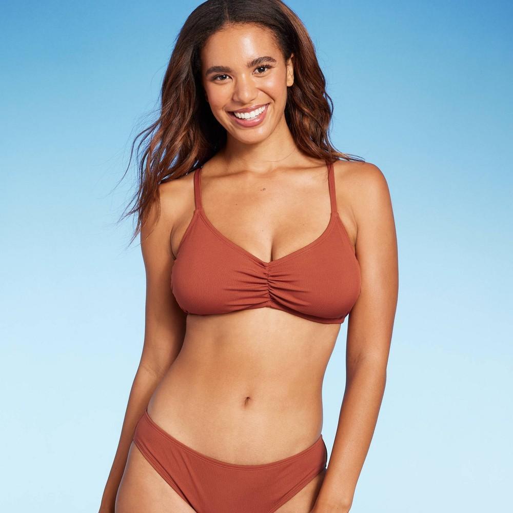 WomensShirred Ribbed Bralette Bikini Top - Shade & Shore Brown D/DD Cup: Adjustable Straps, V-Neck, Full Lining Product Image