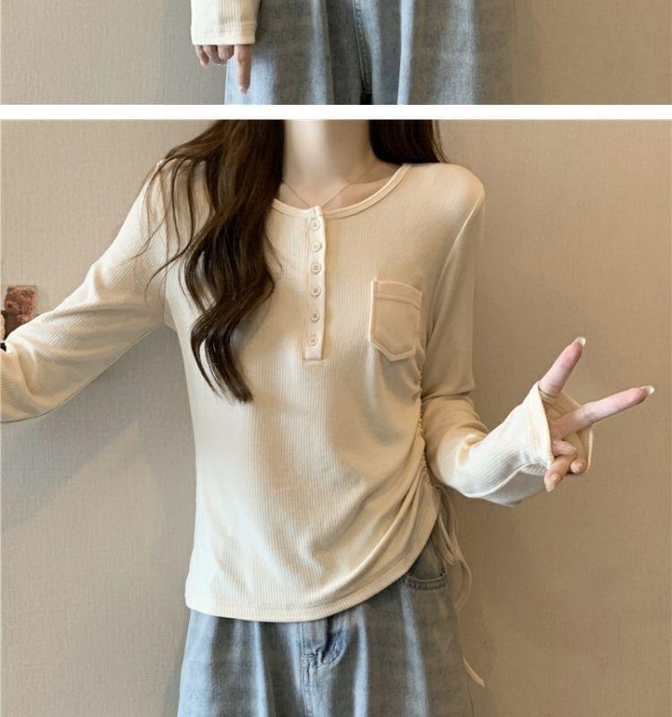 Long-Sleeve Henley Plain Pocket Detail T-Shirt Product Image