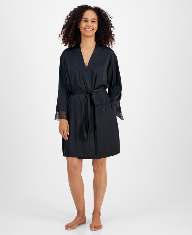 I.n.c. International Concepts Womens Lace-Trim Stretch Satin Wrap Robe, Created for Macys Product Image