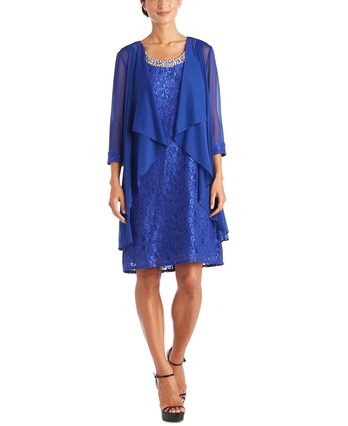 R & M Richards Women's Petite Bead Neck Dress And Flyaway Sheer Jacket Set, Navy, 4P Product Image