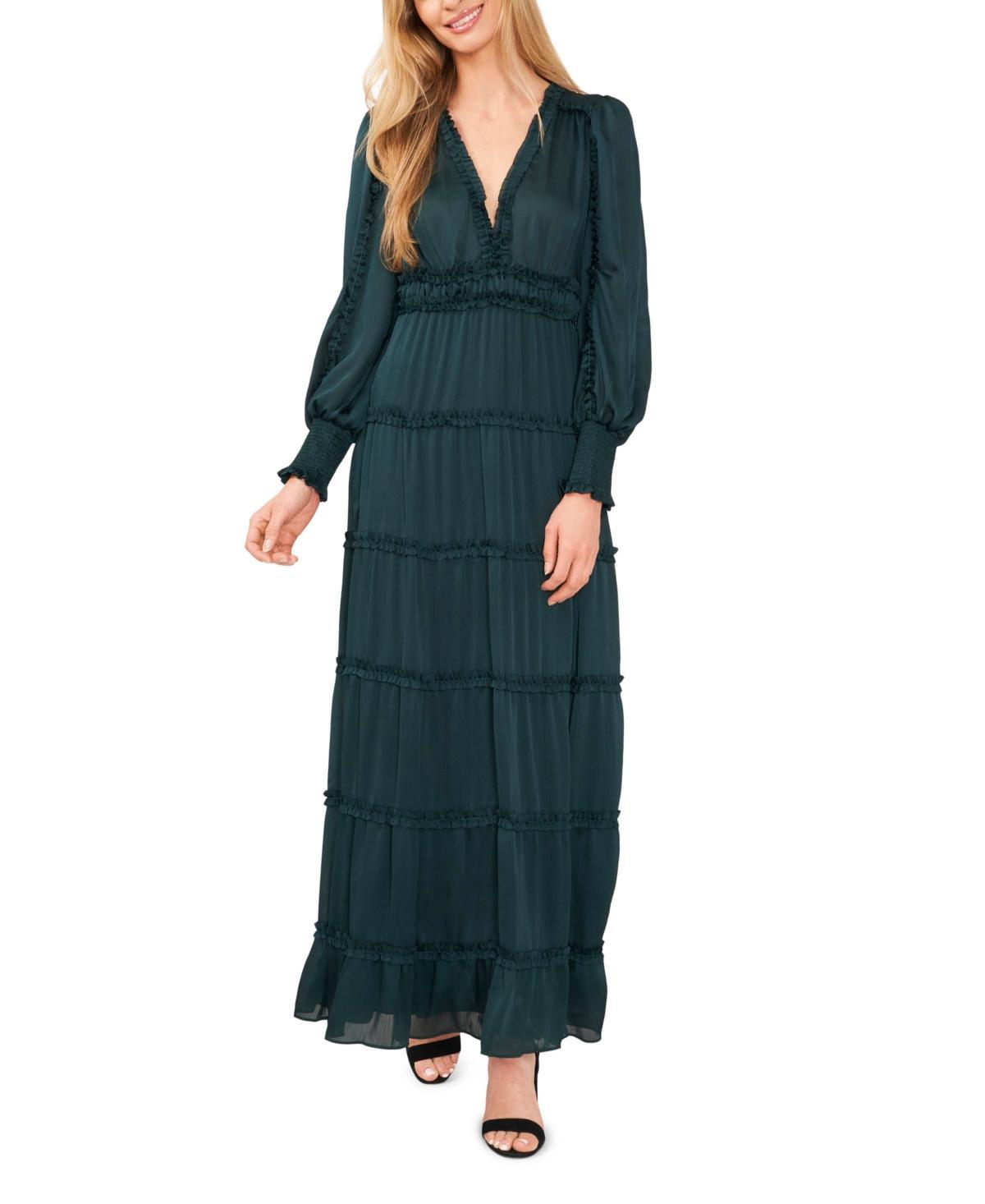 CeCe Womens Long Sleeve Plisse Ruffle Maxi Dress Product Image