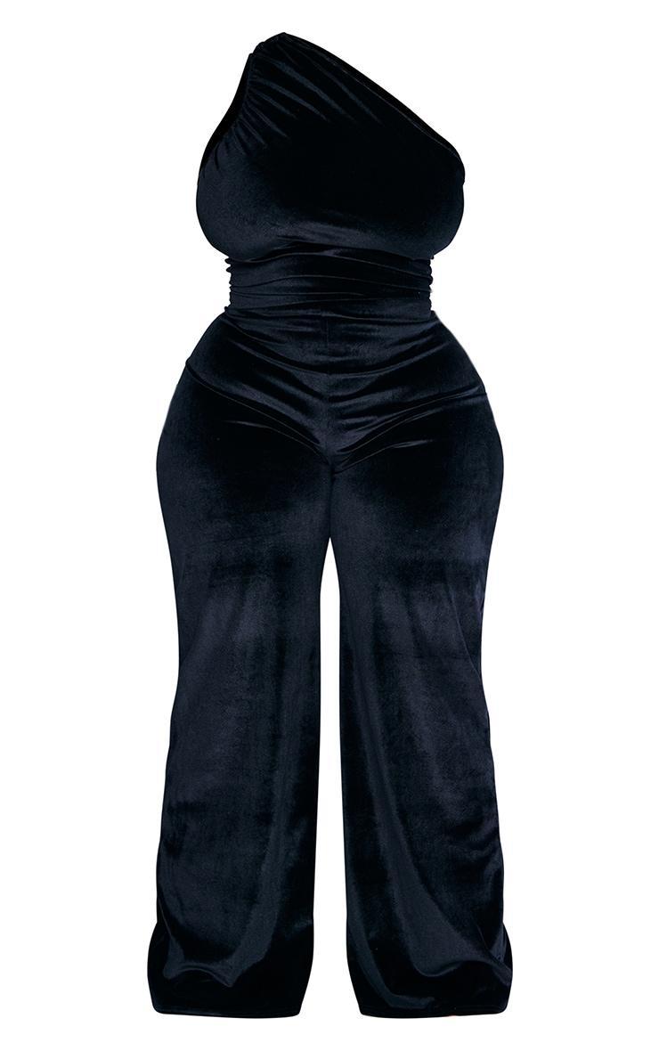 Plus Black Velvet One Shoulder Wide Leg Jumpsuit Product Image