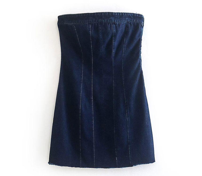 Strapless Washed Tassel Trim Mini Denim Bodycon Dress Product Image